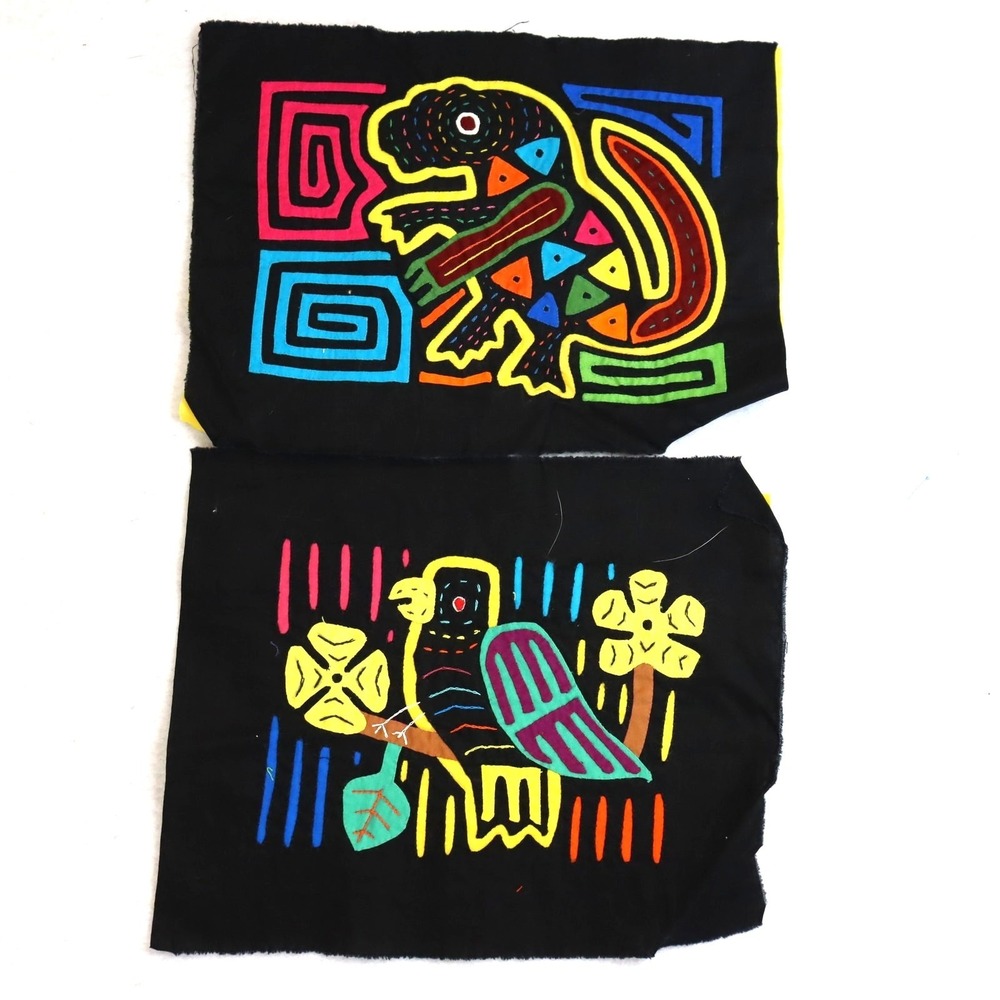 Vintage Kuna Mola Textile Panels Pair Folk‎ Art Animals